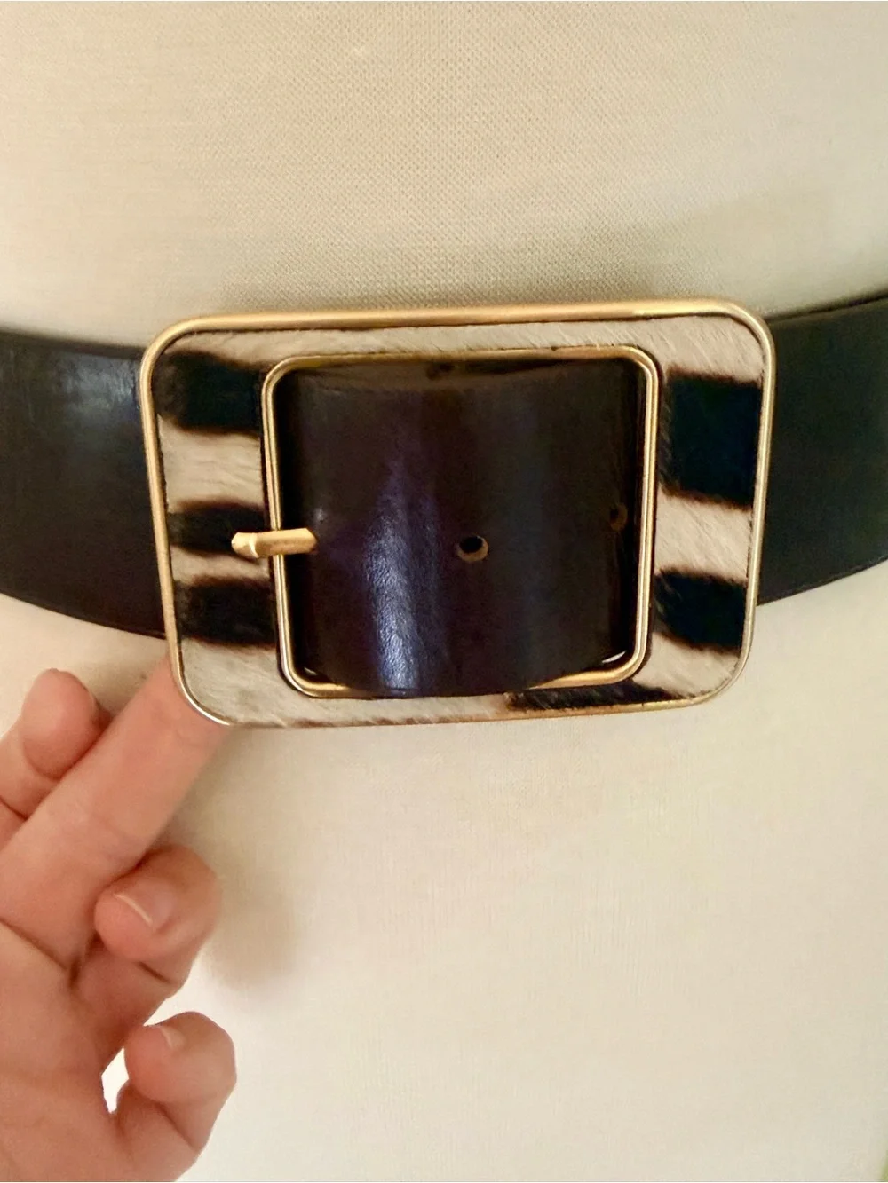 Wide Black Leather Belt with Zebra Print Gold Buckle